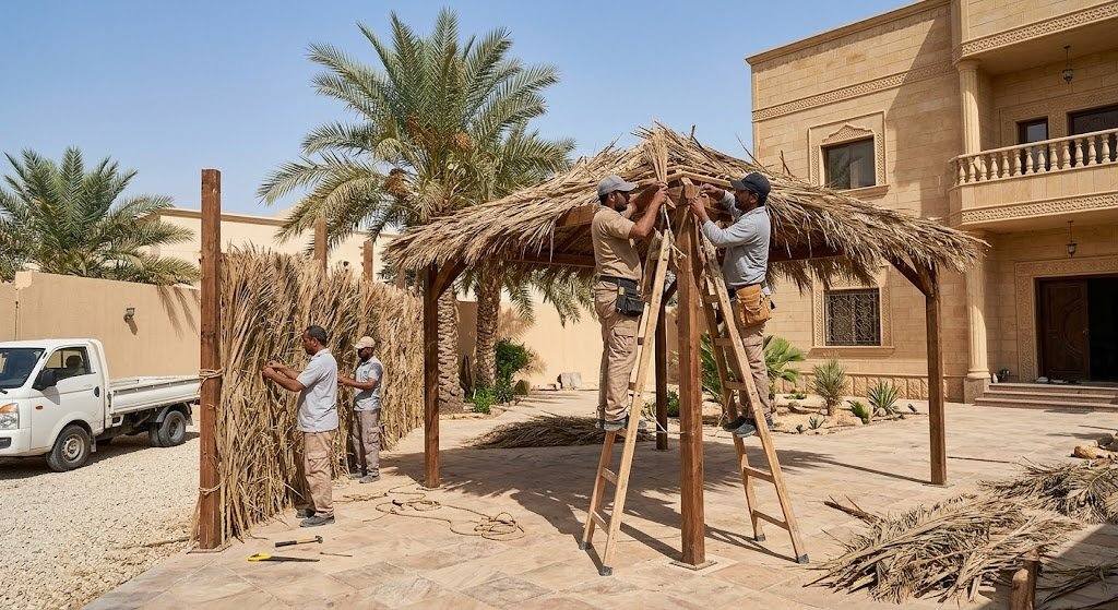 فريق عمل محترف يقوم بتفصيل وتركيب المظلات والسواتر بدقة ومتانة باستخدام أفضل الخامات ضمن خدمات مظلات وسواتر حي المروج الرياض لضمان الحماية من الشمس وتوفير الخصوصية وراحة العملاء.