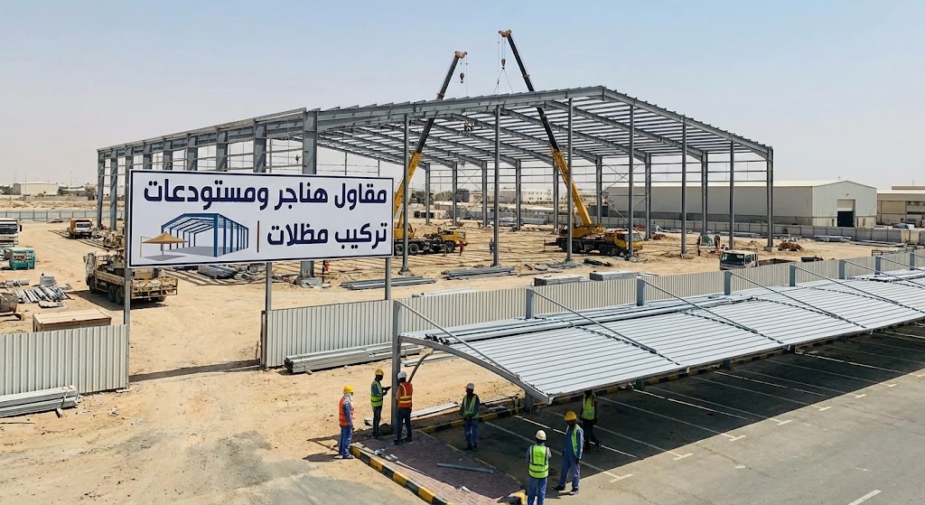 مقاول هناجر ومستودعات | تركيب مظلات وبناء ملاحق (تسليم مفتاح)