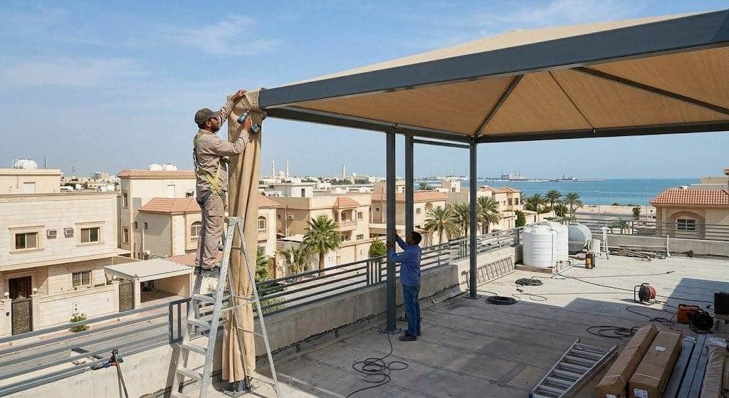 فريق عمل محترف يقوم بتركيب وتثبيت المظلات والسواتر بدقة ومتانة عالية ضمن خدمات مظلات وسواتر حي التعاون لضمان توفير الظل والخصوصية وتلبية تطلعات العملاء.